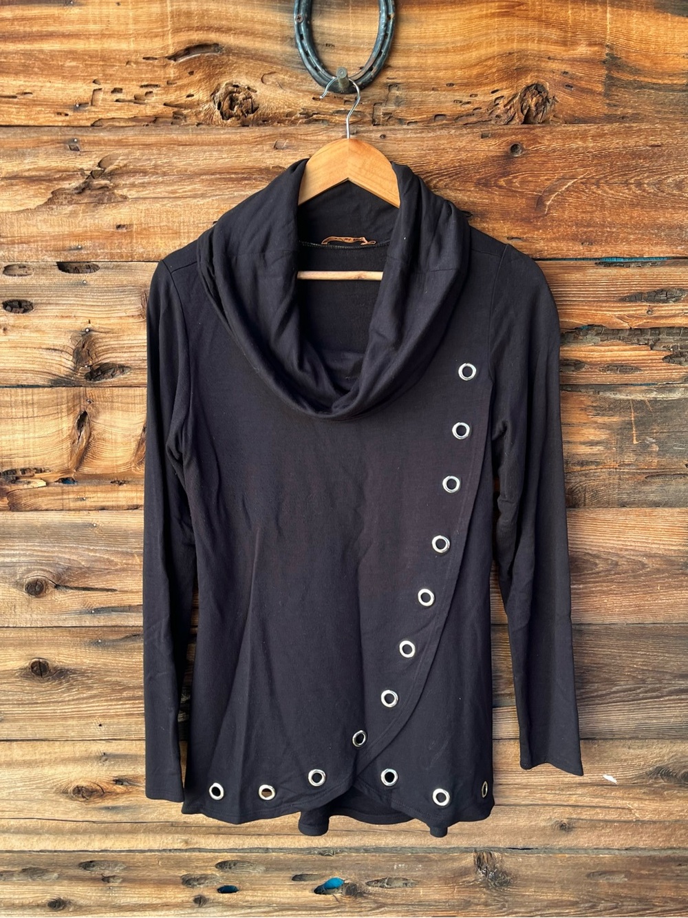 BELLDINI | Black Long Sleeve Grommet Accent Cowl Neck Top S